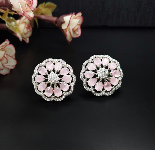 Rhodium Plated American Diamond Studded Magnificent Flower Stud Earrings