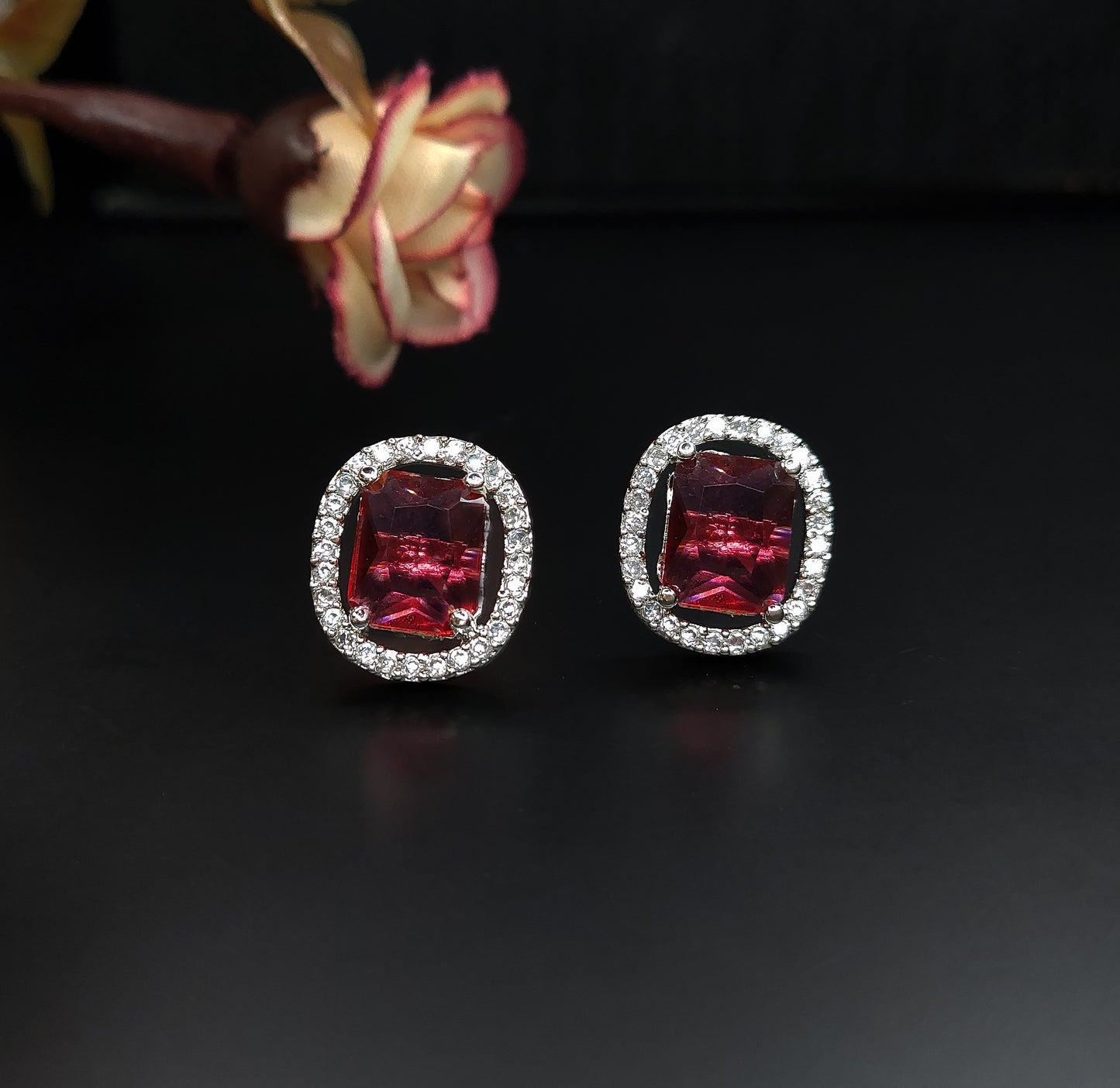 Rhodium Plated American Diamond CZ  Oval Shaped Stud Earrings