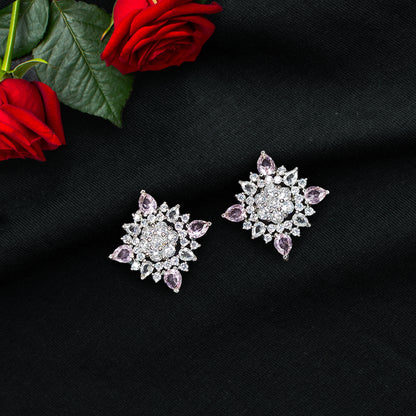 Rhodium Plated American Diamond Studded Elegant Floral Stud Earrings