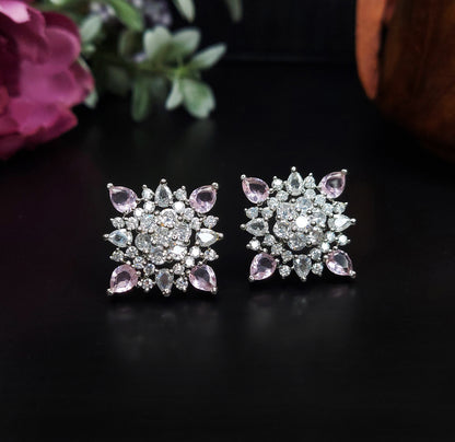 Rhodium Plated American Diamond Studded Elegant Floral Stud Earrings