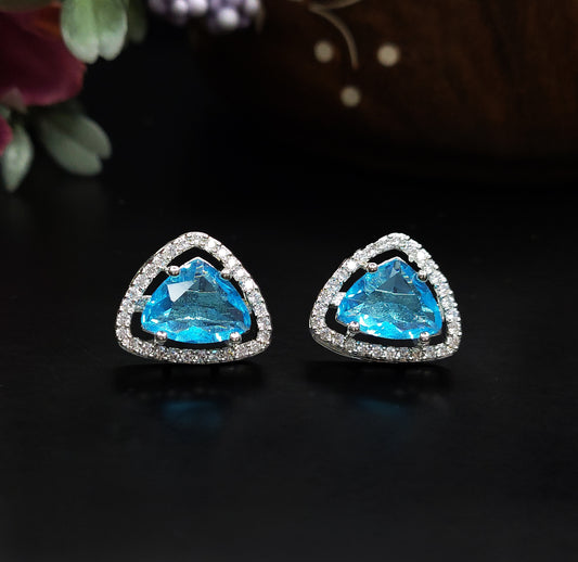 Rhodium Plated American Diamond Designer Triangular Shaped Stud Earrings