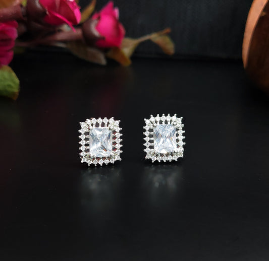 Rhodium Plated American Diamond Studded Sparkling Stud Earrings