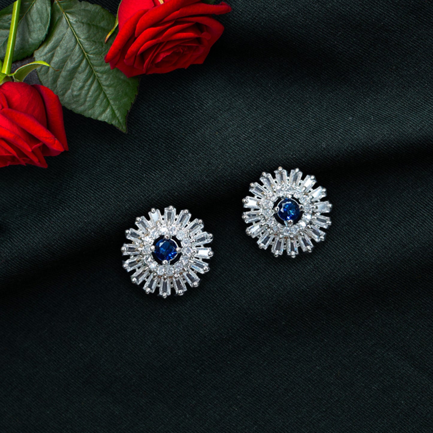 Rhodium Plated American Diamond Elegant Floral Stud Earrings