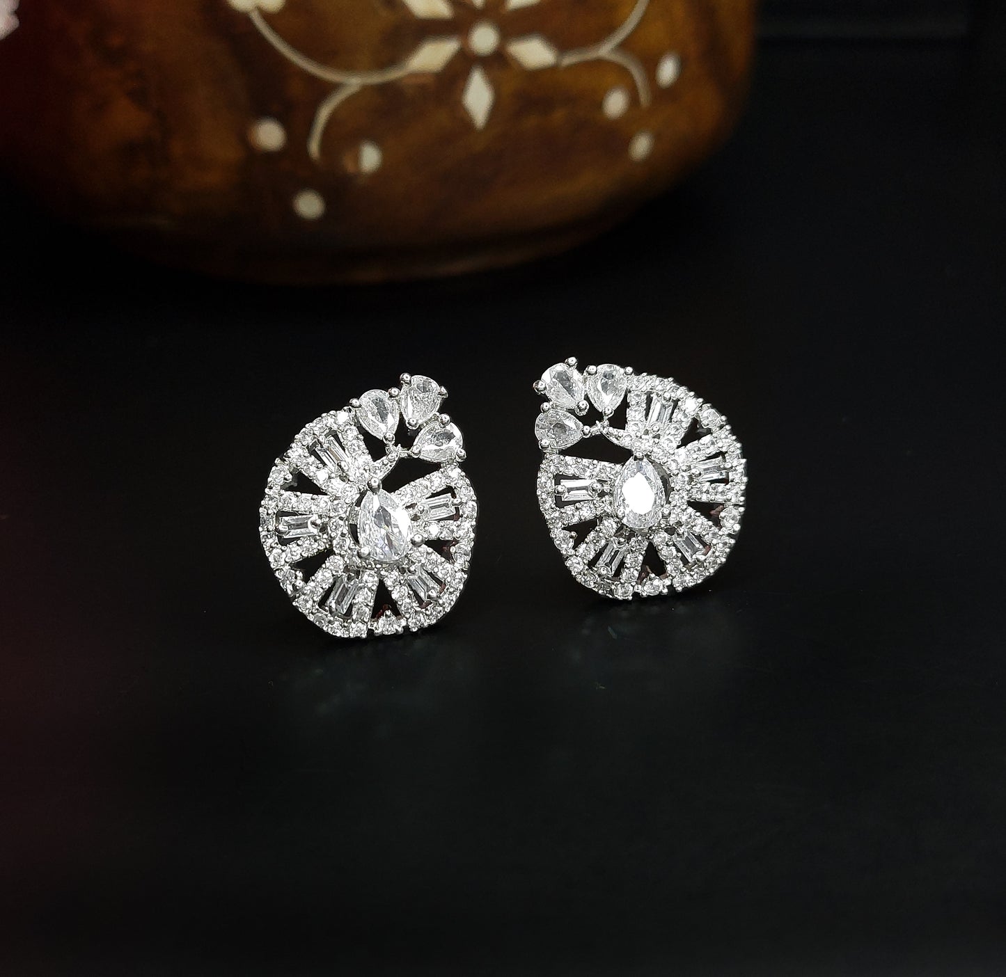 Rhodium Plated American Diamond Studded Elegant Stud Earrings