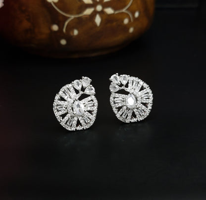 Rhodium Plated American Diamond Studded Elegant Stud Earrings